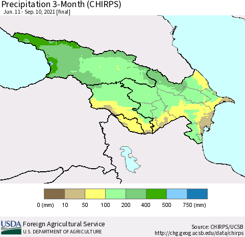 Azerbaijan, Armenia and Georgia Precipitation 3-Month (CHIRPS) Thematic Map For 6/11/2021 - 9/10/2021