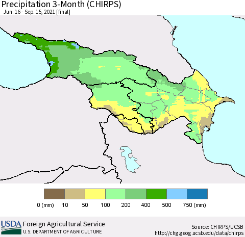 Azerbaijan, Armenia and Georgia Precipitation 3-Month (CHIRPS) Thematic Map For 6/16/2021 - 9/15/2021