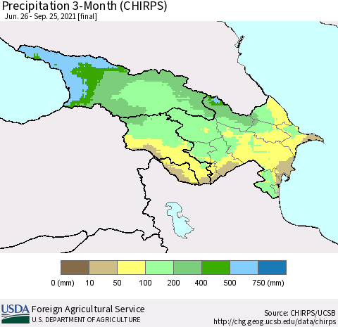 Azerbaijan, Armenia and Georgia Precipitation 3-Month (CHIRPS) Thematic Map For 6/26/2021 - 9/25/2021