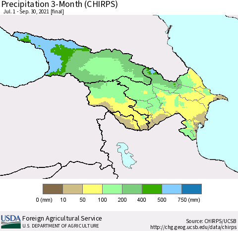 Azerbaijan, Armenia and Georgia Precipitation 3-Month (CHIRPS) Thematic Map For 7/1/2021 - 9/30/2021