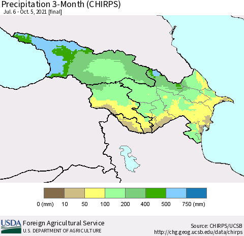 Azerbaijan, Armenia and Georgia Precipitation 3-Month (CHIRPS) Thematic Map For 7/6/2021 - 10/5/2021