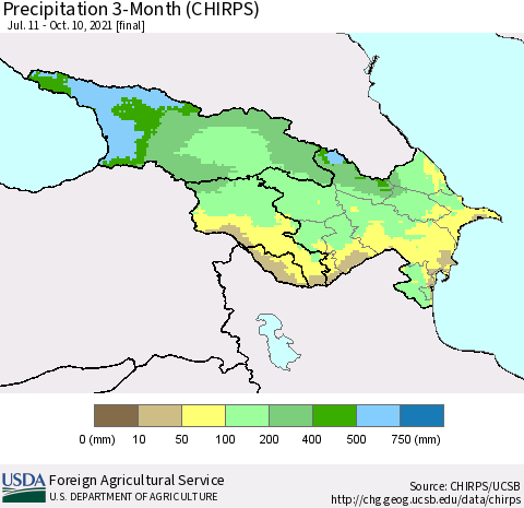 Azerbaijan, Armenia and Georgia Precipitation 3-Month (CHIRPS) Thematic Map For 7/11/2021 - 10/10/2021
