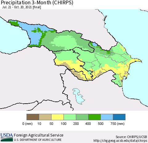 Azerbaijan, Armenia and Georgia Precipitation 3-Month (CHIRPS) Thematic Map For 7/21/2021 - 10/20/2021