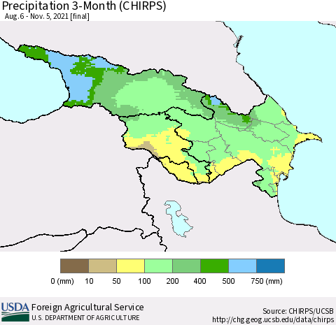 Azerbaijan, Armenia and Georgia Precipitation 3-Month (CHIRPS) Thematic Map For 8/6/2021 - 11/5/2021