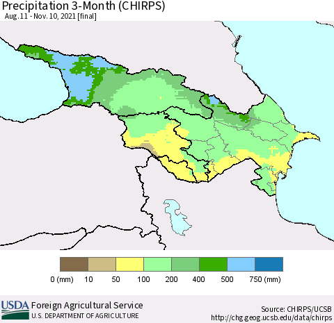 Azerbaijan, Armenia and Georgia Precipitation 3-Month (CHIRPS) Thematic Map For 8/11/2021 - 11/10/2021