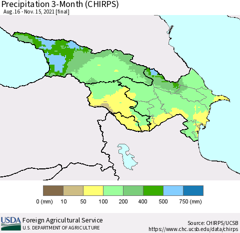 Azerbaijan, Armenia and Georgia Precipitation 3-Month (CHIRPS) Thematic Map For 8/16/2021 - 11/15/2021