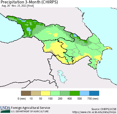 Azerbaijan, Armenia and Georgia Precipitation 3-Month (CHIRPS) Thematic Map For 8/26/2021 - 11/25/2021