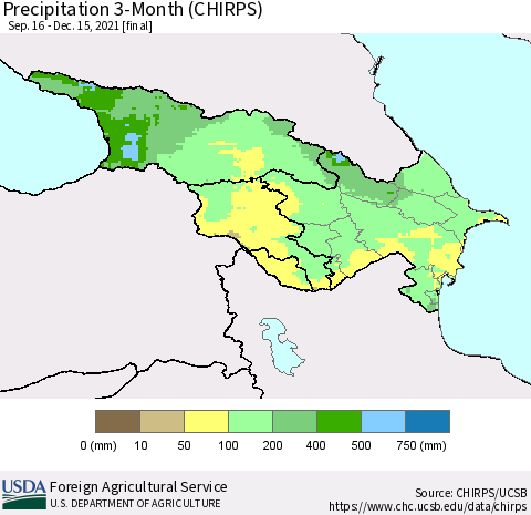 Azerbaijan, Armenia and Georgia Precipitation 3-Month (CHIRPS) Thematic Map For 9/16/2021 - 12/15/2021