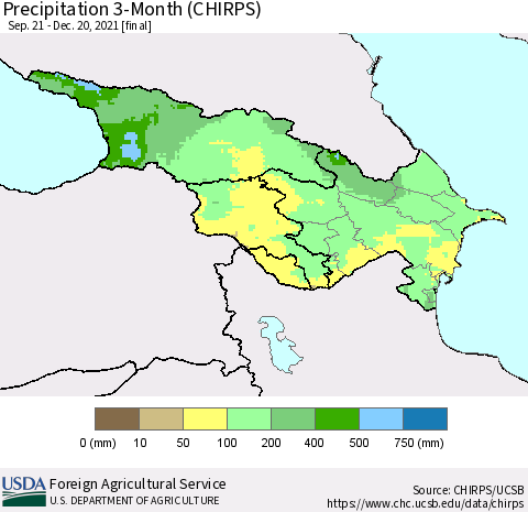Azerbaijan, Armenia and Georgia Precipitation 3-Month (CHIRPS) Thematic Map For 9/21/2021 - 12/20/2021