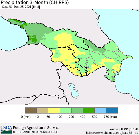 Azerbaijan, Armenia and Georgia Precipitation 3-Month (CHIRPS) Thematic Map For 9/26/2021 - 12/25/2021