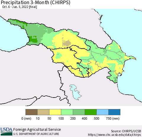 Azerbaijan, Armenia and Georgia Precipitation 3-Month (CHIRPS) Thematic Map For 10/6/2021 - 1/5/2022