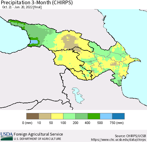 Azerbaijan, Armenia and Georgia Precipitation 3-Month (CHIRPS) Thematic Map For 10/21/2021 - 1/20/2022