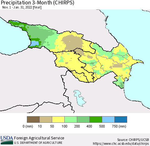 Azerbaijan, Armenia and Georgia Precipitation 3-Month (CHIRPS) Thematic Map For 11/1/2021 - 1/31/2022