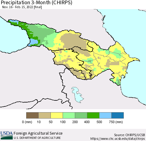 Azerbaijan, Armenia and Georgia Precipitation 3-Month (CHIRPS) Thematic Map For 11/16/2021 - 2/15/2022