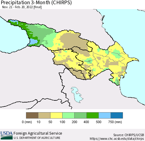 Azerbaijan, Armenia and Georgia Precipitation 3-Month (CHIRPS) Thematic Map For 11/21/2021 - 2/20/2022