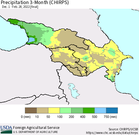 Azerbaijan, Armenia and Georgia Precipitation 3-Month (CHIRPS) Thematic Map For 12/1/2021 - 2/28/2022