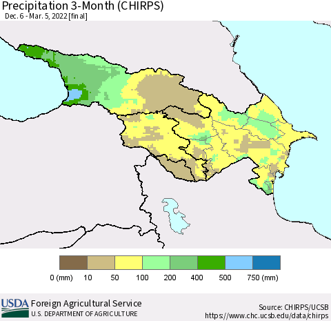 Azerbaijan, Armenia and Georgia Precipitation 3-Month (CHIRPS) Thematic Map For 12/6/2021 - 3/5/2022