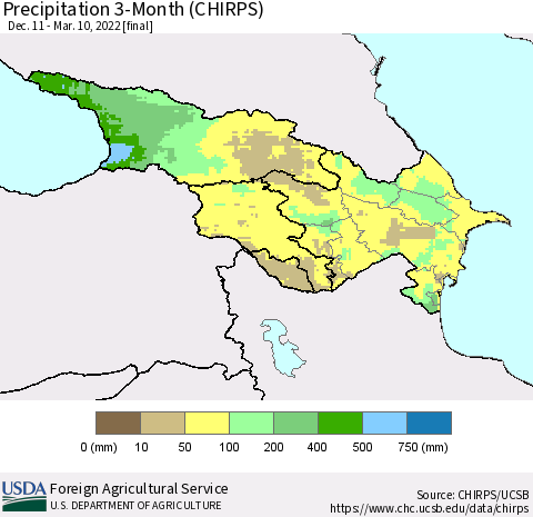 Azerbaijan, Armenia and Georgia Precipitation 3-Month (CHIRPS) Thematic Map For 12/11/2021 - 3/10/2022