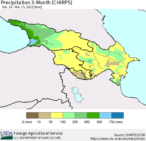 Azerbaijan, Armenia and Georgia Precipitation 3-Month (CHIRPS) Thematic Map For 12/16/2021 - 3/15/2022