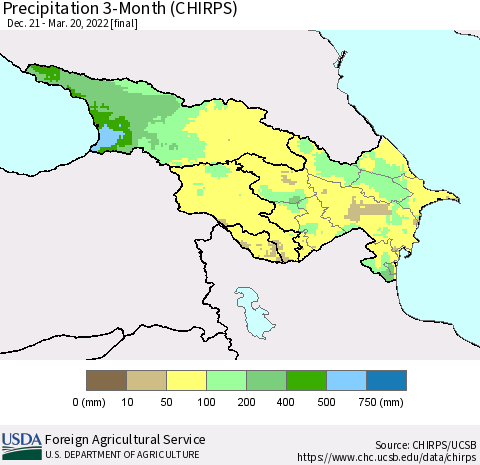 Azerbaijan, Armenia and Georgia Precipitation 3-Month (CHIRPS) Thematic Map For 12/21/2021 - 3/20/2022