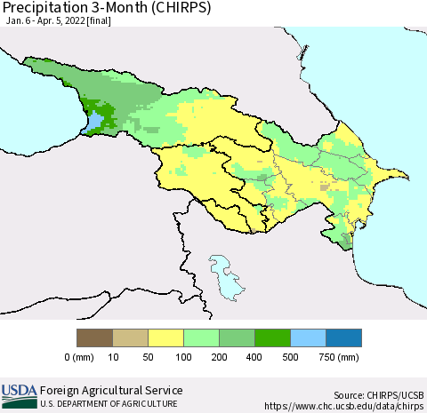 Azerbaijan, Armenia and Georgia Precipitation 3-Month (CHIRPS) Thematic Map For 1/6/2022 - 4/5/2022