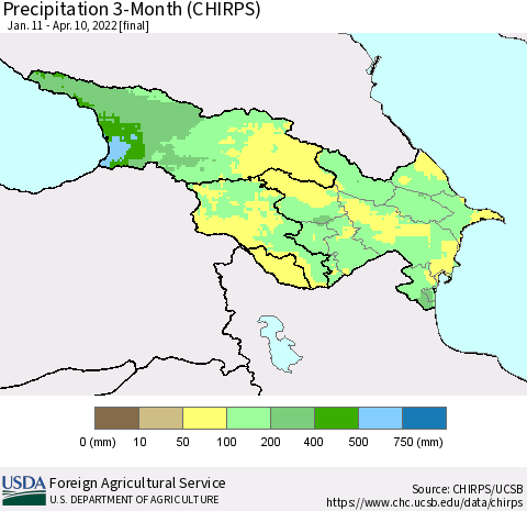 Azerbaijan, Armenia and Georgia Precipitation 3-Month (CHIRPS) Thematic Map For 1/11/2022 - 4/10/2022