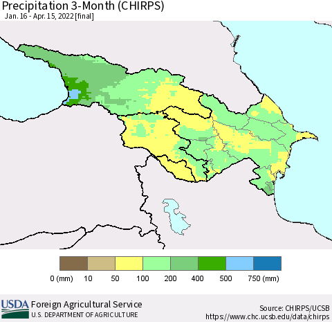 Azerbaijan, Armenia and Georgia Precipitation 3-Month (CHIRPS) Thematic Map For 1/16/2022 - 4/15/2022