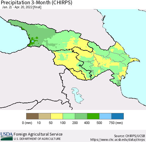 Azerbaijan, Armenia and Georgia Precipitation 3-Month (CHIRPS) Thematic Map For 1/21/2022 - 4/20/2022