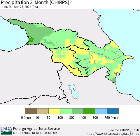 Azerbaijan, Armenia and Georgia Precipitation 3-Month (CHIRPS) Thematic Map For 1/26/2022 - 4/25/2022