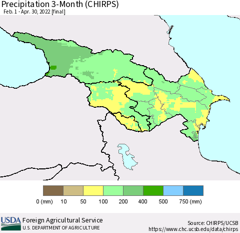 Azerbaijan, Armenia and Georgia Precipitation 3-Month (CHIRPS) Thematic Map For 2/1/2022 - 4/30/2022