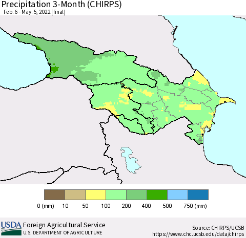 Azerbaijan, Armenia and Georgia Precipitation 3-Month (CHIRPS) Thematic Map For 2/6/2022 - 5/5/2022