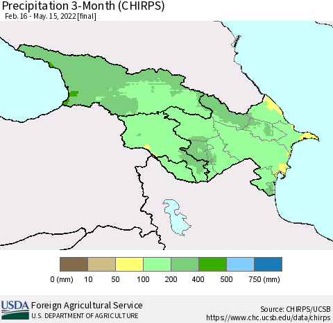 Azerbaijan, Armenia and Georgia Precipitation 3-Month (CHIRPS) Thematic Map For 2/16/2022 - 5/15/2022
