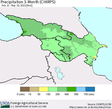 Azerbaijan, Armenia and Georgia Precipitation 3-Month (CHIRPS) Thematic Map For 2/21/2022 - 5/20/2022
