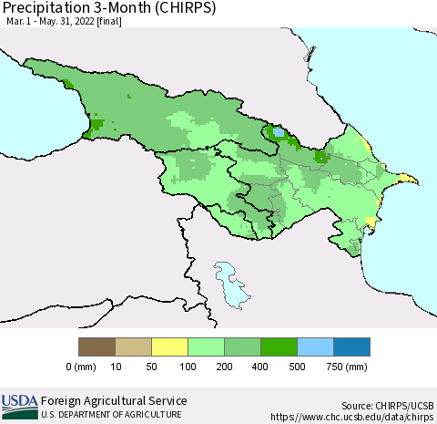 Azerbaijan, Armenia and Georgia Precipitation 3-Month (CHIRPS) Thematic Map For 3/1/2022 - 5/31/2022