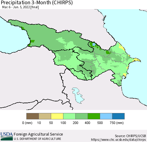 Azerbaijan, Armenia and Georgia Precipitation 3-Month (CHIRPS) Thematic Map For 3/6/2022 - 6/5/2022