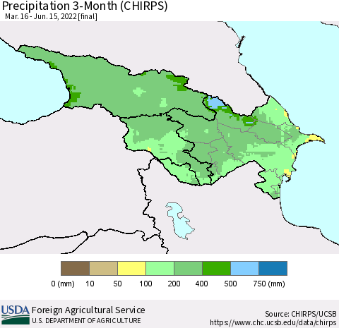 Azerbaijan, Armenia and Georgia Precipitation 3-Month (CHIRPS) Thematic Map For 3/16/2022 - 6/15/2022