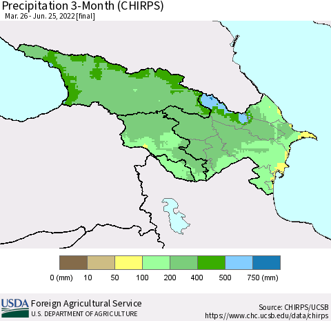 Azerbaijan, Armenia and Georgia Precipitation 3-Month (CHIRPS) Thematic Map For 3/26/2022 - 6/25/2022