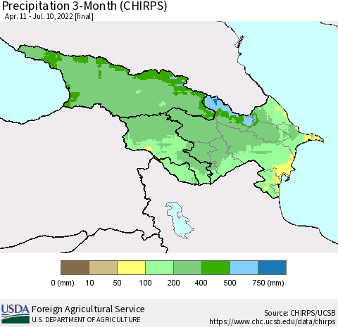Azerbaijan, Armenia and Georgia Precipitation 3-Month (CHIRPS) Thematic Map For 4/11/2022 - 7/10/2022