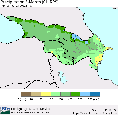 Azerbaijan, Armenia and Georgia Precipitation 3-Month (CHIRPS) Thematic Map For 4/26/2022 - 7/25/2022