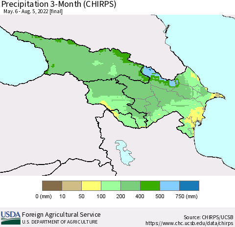 Azerbaijan, Armenia and Georgia Precipitation 3-Month (CHIRPS) Thematic Map For 5/6/2022 - 8/5/2022