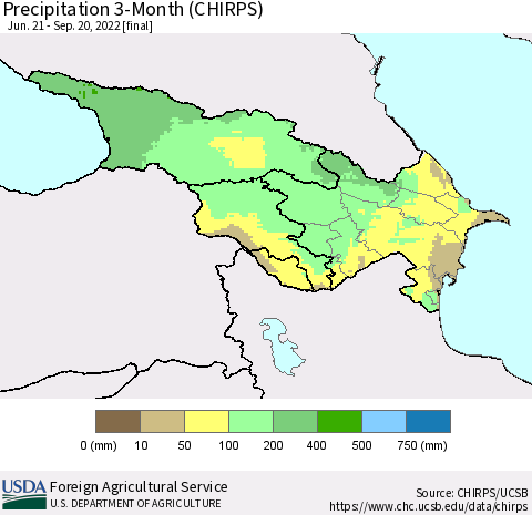 Azerbaijan, Armenia and Georgia Precipitation 3-Month (CHIRPS) Thematic Map For 6/21/2022 - 9/20/2022