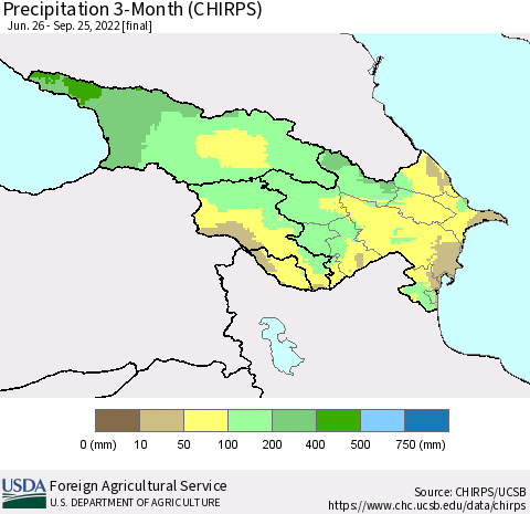Azerbaijan, Armenia and Georgia Precipitation 3-Month (CHIRPS) Thematic Map For 6/26/2022 - 9/25/2022