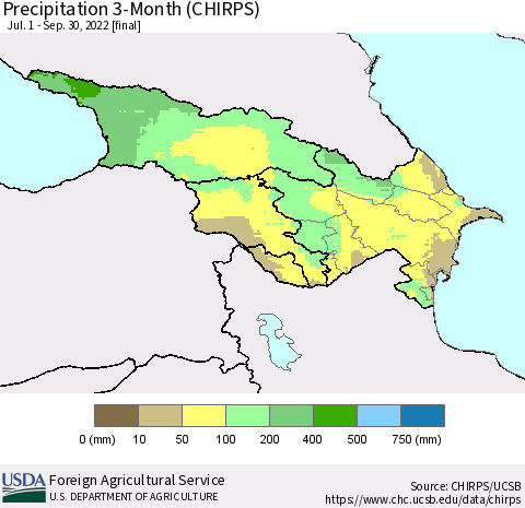 Azerbaijan, Armenia and Georgia Precipitation 3-Month (CHIRPS) Thematic Map For 7/1/2022 - 9/30/2022