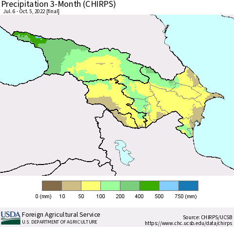 Azerbaijan, Armenia and Georgia Precipitation 3-Month (CHIRPS) Thematic Map For 7/6/2022 - 10/5/2022