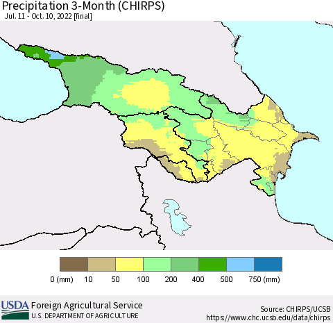 Azerbaijan, Armenia and Georgia Precipitation 3-Month (CHIRPS) Thematic Map For 7/11/2022 - 10/10/2022