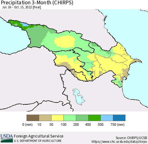 Azerbaijan, Armenia and Georgia Precipitation 3-Month (CHIRPS) Thematic Map For 7/16/2022 - 10/15/2022