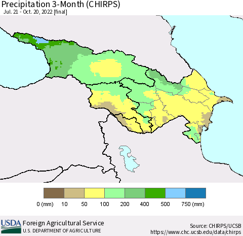 Azerbaijan, Armenia and Georgia Precipitation 3-Month (CHIRPS) Thematic Map For 7/21/2022 - 10/20/2022