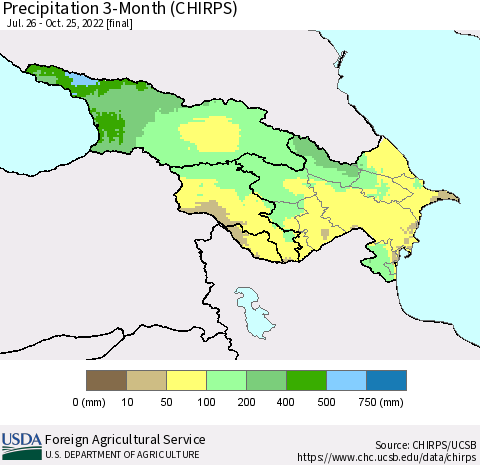 Azerbaijan, Armenia and Georgia Precipitation 3-Month (CHIRPS) Thematic Map For 7/26/2022 - 10/25/2022
