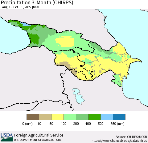 Azerbaijan, Armenia and Georgia Precipitation 3-Month (CHIRPS) Thematic Map For 8/1/2022 - 10/31/2022