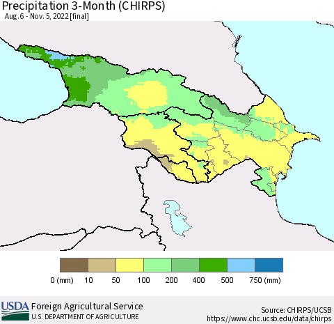 Azerbaijan, Armenia and Georgia Precipitation 3-Month (CHIRPS) Thematic Map For 8/6/2022 - 11/5/2022